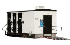 luxury portable toilet trailer on a white background